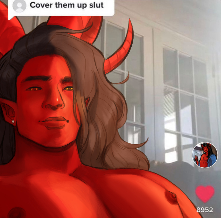 A redraw of a meme with Leonel, shirtless, smiling bemusedly at the camera in response to a caption of a comment reading 'cover them up slut'.